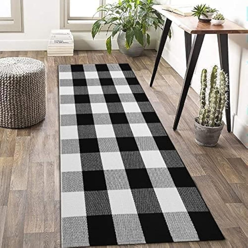 KOZYFLY Buffalo Plaid Rug 2x6 Ft Black and White Runners for Hallways Washable Checkered Rug Cotton Kitchen Runner Carpet Runner Rugs for Entryway Bedroom Living Room Farmhouse Runner Rug - Image 1